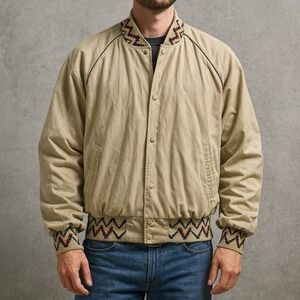 Vintage Westark Aztec Trim Jacket XL Southwestern Beige Snap Button USA 90s